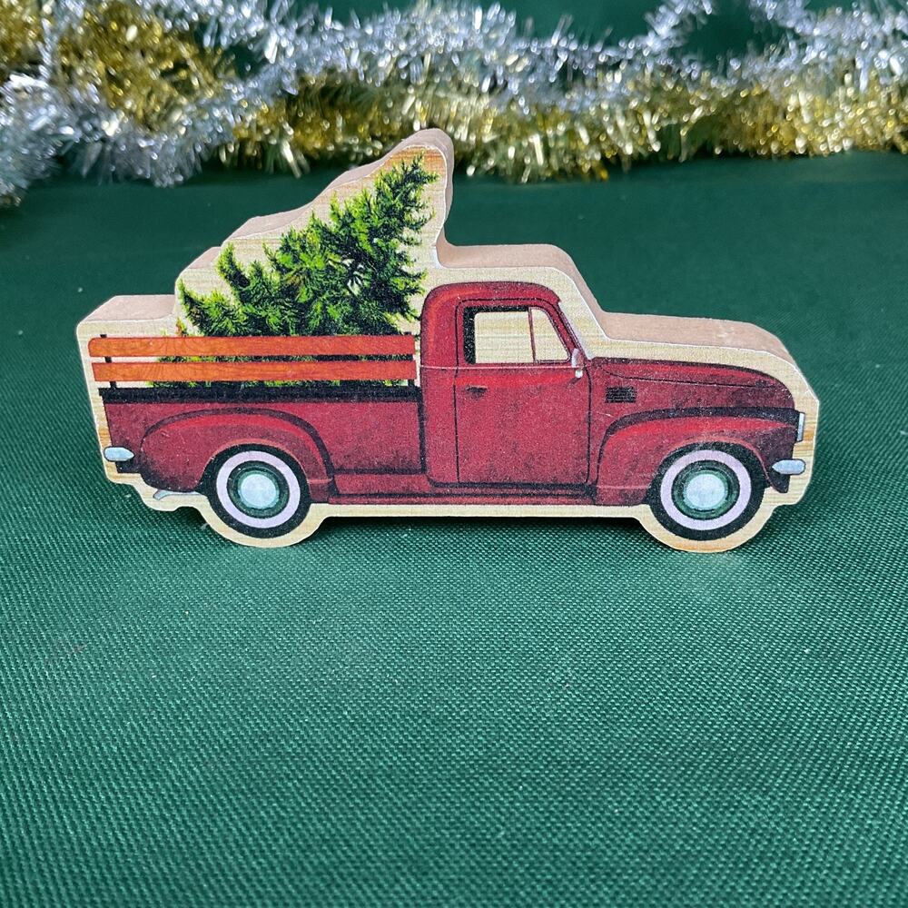 Vintage Red Truck Wooden Block Sign Christmas Tree Holiday Tiered Tray Decor